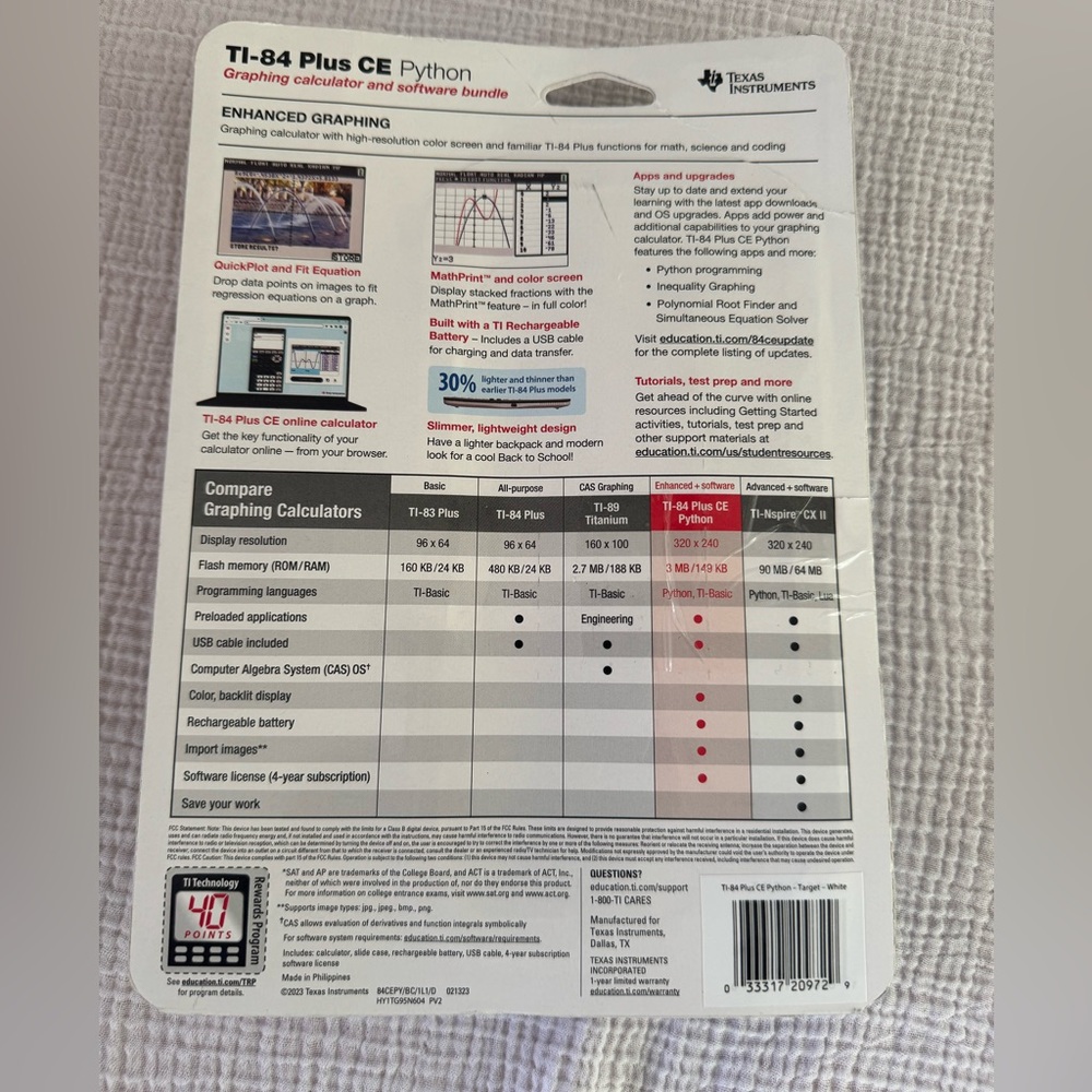Texas Instruments TI-84 Plus CE
Python Enhanced Color Graphing
Calc White - Picture 2 of 2